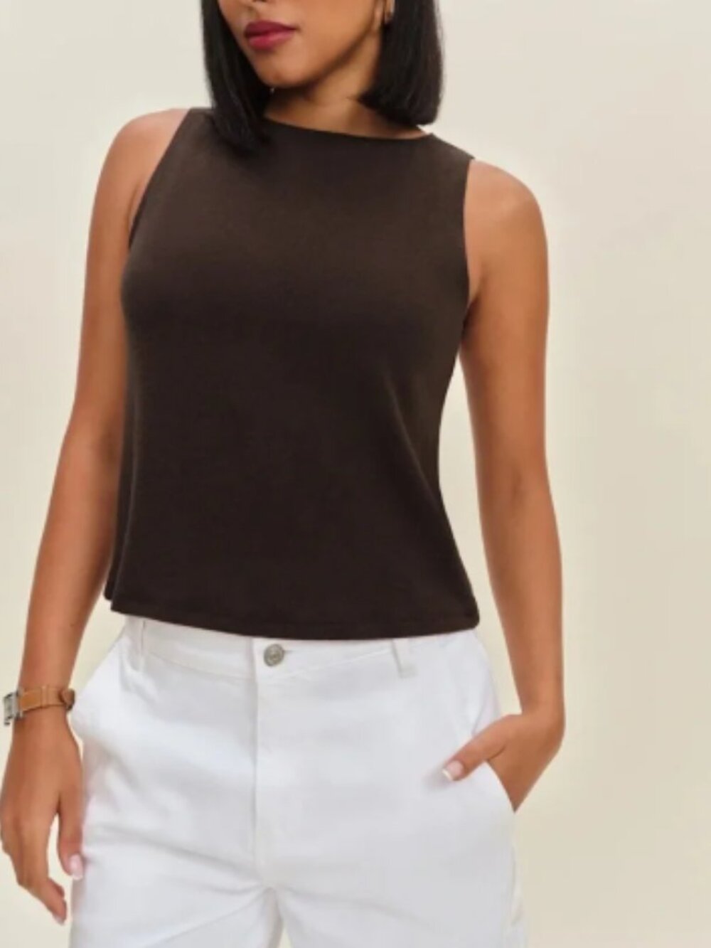 Reformation Pears Knit Tank Top Brown Sleeveless High Neck Made in USA Size XS